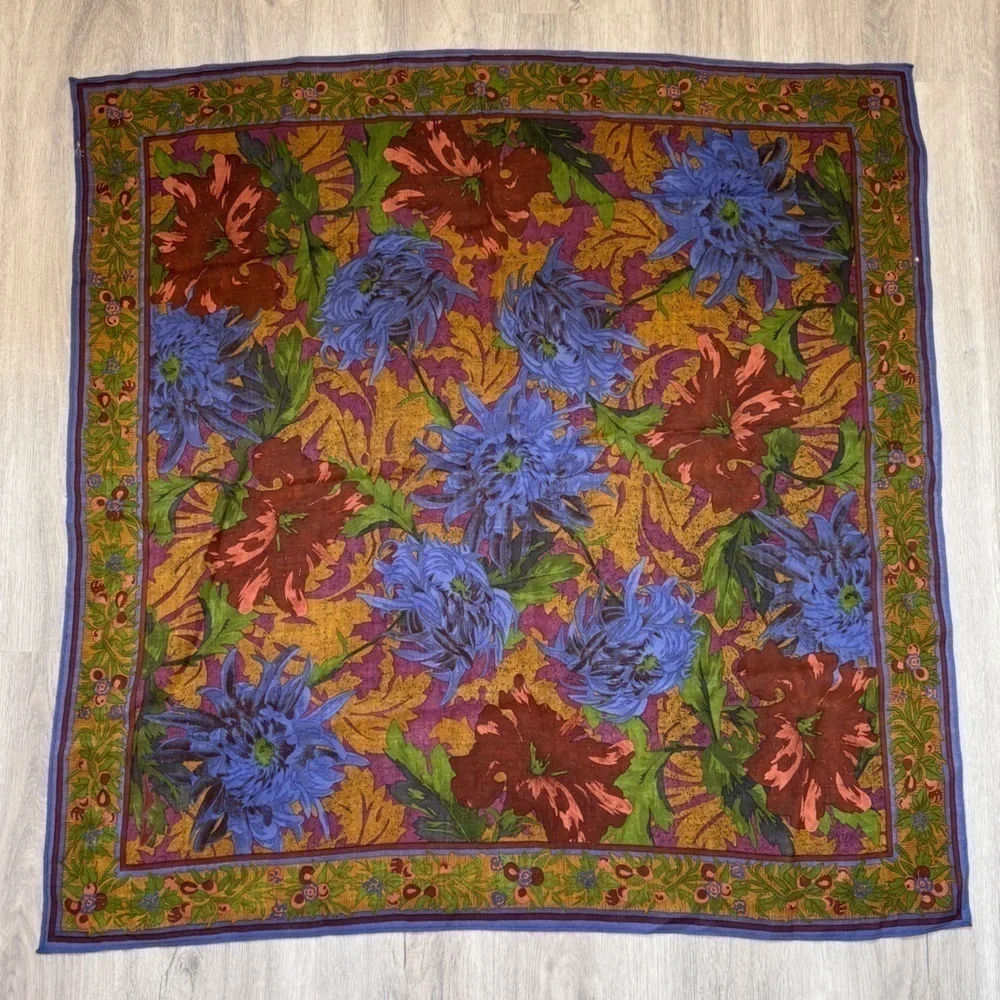 Floral Sheer Lightweight Brown and Blue Scarf